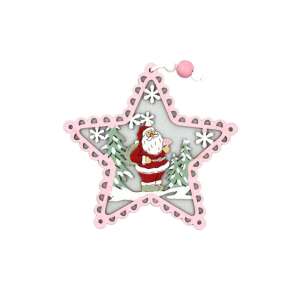 Ornament de Crăciun din lemn stea roz cu design cu Moș Crăciun - Crăciun