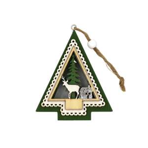 Ornament brad de Crăciun din lemn verde cu ren și casă, 10x8.5 cm - Crăciun