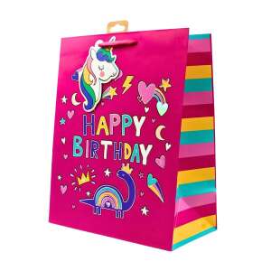 Голяма подаръчна торбичка Clairefontaine с дизайн на еднорог и динозавър, розова с цветни ивици, текст Happy Birthday, идеална за подаръци за рожден ден - Изкуства и хобита