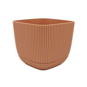 1.8L terracotta plastic flower pot with drainage tray, square shape, ribbed design - Landscaping
