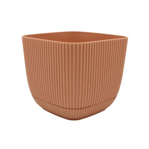 1,8 l Terrakotta-farbener Blumentopf aus Kunststoff mit Abtropfschale, quadratische Form, geripptes Design