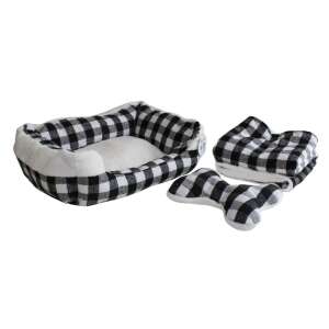 Schwarz-weiß kariertes Hundebett mit Decke und Knochenspielzeug, 50x40cm - Schlafplatz für Hunde