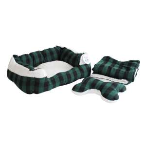 Green and black checkered dog bed with white plush lining and bone shaped toy, 50x40cm - Dog Bed