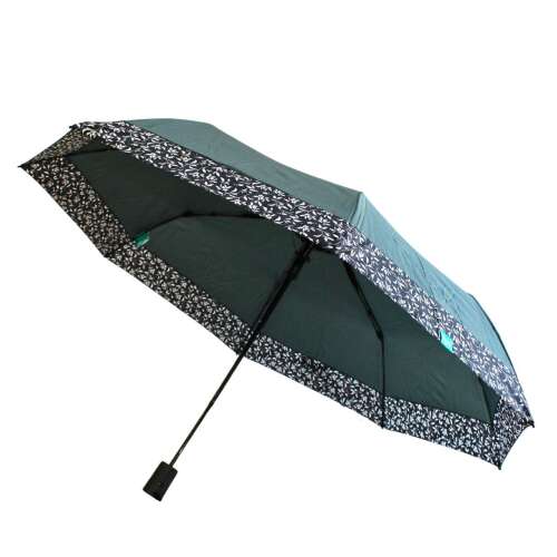 Perletti green mini umbrella with floral pattern, open, angled view