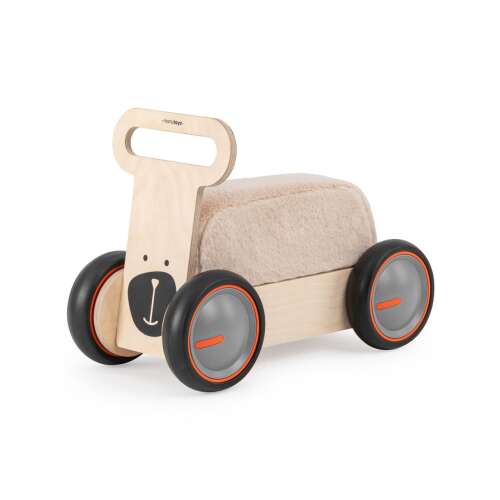 MamaToyz DriveMe Soft Teddy 3 az 1-ben fa játék: guruló autó, járóka és játék babakocsi, természetes fa, medve arc, szürke kerekek, narancssárga díszítés - Bébitaxi