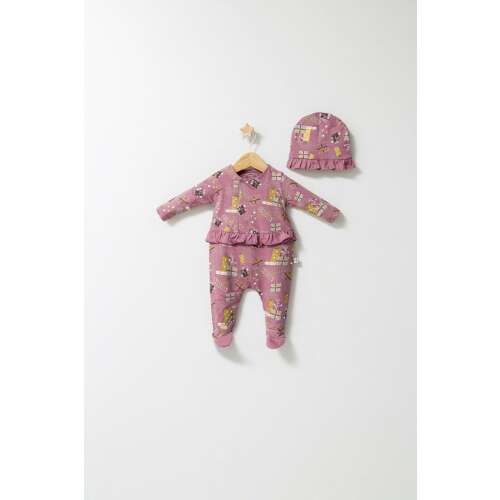 Fun Penguin baby romper and hat set, pink with gift print, 6-9 months