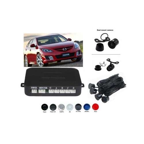 T18 Parking Sensor System with Rearview Camera, 4 sensors, black control unit, silver color, rearview camera, dual mount, black