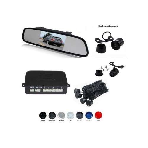 Tükörbe épített 4.3 hüvelykes LCD kijelzővel és hátsó kamerával, parkoló szenzor rendszer 4 érzékelővel, fekete színben