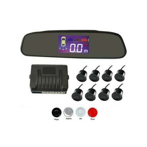 Hátsó és első parkoló szenzor rendszer 8 érzékelővel és tükörbe épített kijelzővel, fekete