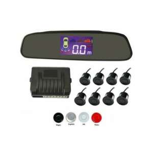 Hátsó és első parkoló szenzor rendszer 8 érzékelővel és kijelzővel a tükörben, piros - Tolatóradar
