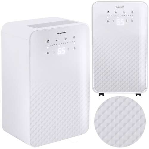 Berdson BR-524 white dehumidifier, front view with control panel, side view, and close-up of the textured surface