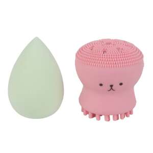 Pink silicone octopus facial cleansing brush and green makeup sponge - Makeup Sponge