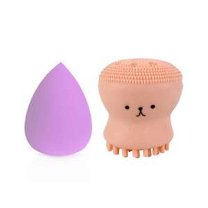 Set of 2 silicone facial cleansing sponges: pink octopus shaped sponge for exfoliating, massaging and cleansing, and a purple teardrop shaped sponge for applying foundation or cream - Makeup Sponge