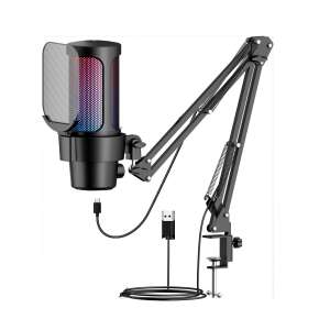 AxaCube® kondenzátor mikrofon játékhoz, youtube, zoom, háttérzajcsökkentés, némítás, kardioid, RGB fény, pop szűrő, állítható kar, 14 mm-es kapszula, kompatibilis Windows, MacOS, PS4, PS5