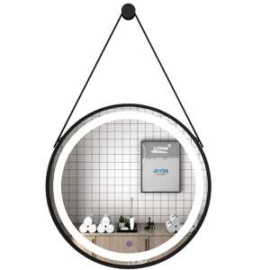 Round LED bathroom mirror with black aluminum frame and eco-leather strap, 60cm diameter - Bathroom Furniture