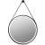 Round LED bathroom mirror with black aluminum frame and eco-leather strap