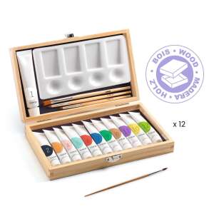 Djeco gouache paint set in wooden box with 12 tubes, 3 brushes and palette - Tempera paint
