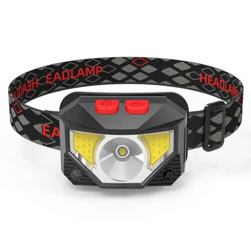 Black rechargeable headlamp with motion sensor, 350 lumens, waterproof, perfect for hiking, camping, and fishing