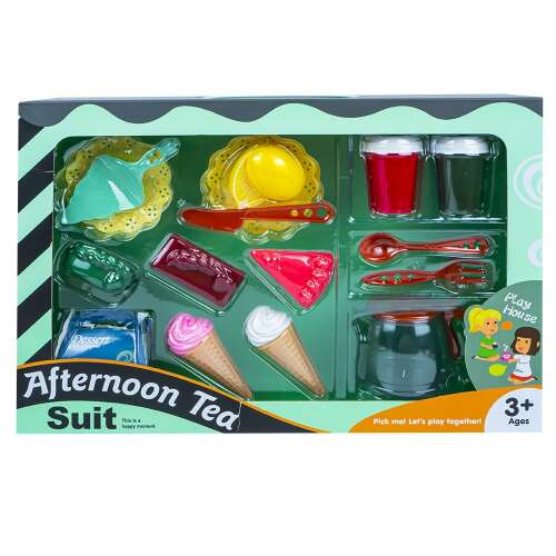 Afternoon Tea Suit Játék Étel Szett, 17 darabos képzeletbeli játék étel szett gyerekeknek, tartalmaz teáskanna, csészék, tányérok, torta, fagylalt, és még sok más