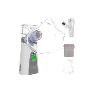 Malatec portable ultrasonic nebulizer with accessories, including adult and child masks, mouthpiece, USB cable, and carrying case - Inhaler