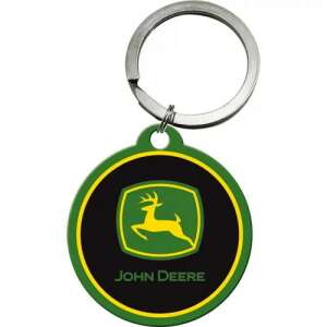 John Deere logo keychain, green and yellow deer on black circle, stainless steel - Keychain
