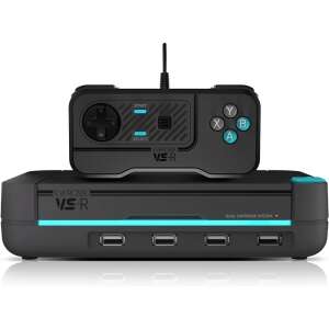 Evercade VS-R retro gaming console with controller, black and turquoise color - Blaze Entertainment