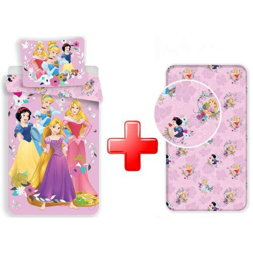 Disney Hercegnők Royal ágyneműhuzat és gumis lepedő szett, rajta Hófehérke, Hamupipőke, Rapunzel és Aurora