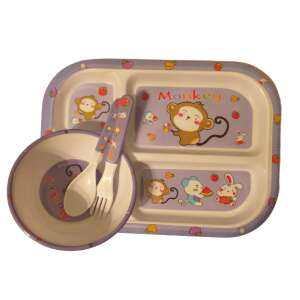 Baby monkey themed 4 piece dinnerware set with plate, bowl, fork and spoon - Children's dinnerware set