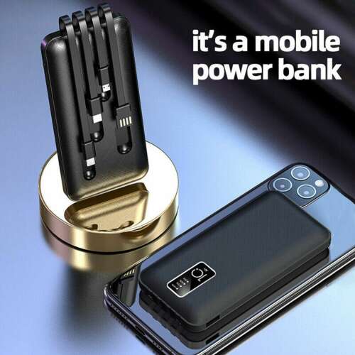 Mobil power bank beépített kábelekkel, 20000mAh, fekete, telefon töltés