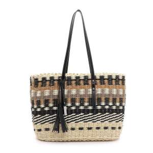 Tamaris női szalma táska fekete bőr fogantyúkkal és rojtokkal, többszínű mintával - Öltözködés kiegészítő