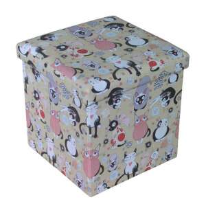 Taburet de depozitare Cats Design, pliabil, cu imprimeu cu pisici, bej, 38x38x37.5 cm - Otomane și suporturi pentru picioare