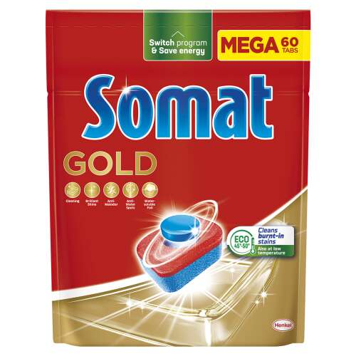 Somat Gold dishwasher tablets, 60 count, cleans burnt-in stains, eco-friendly, save energy, dishwasher detergent