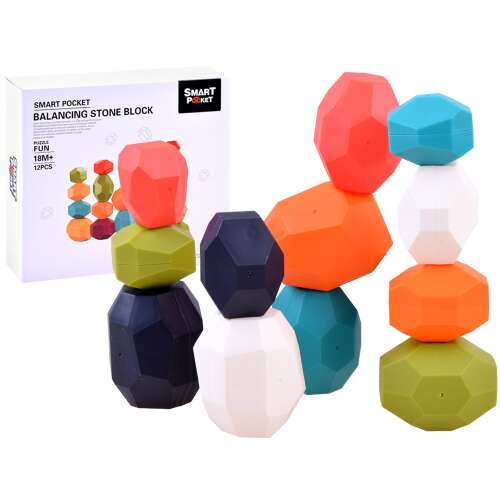 Smart Pocket Blocuri de piatră de echilibrare, 12 bucăți, forme geometrice colorate, joc de stivuire, pentru copii, de la 18 luni