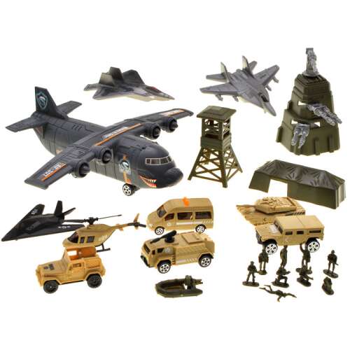 Military playset with airplane, helicopter, tank, soldiers, and more