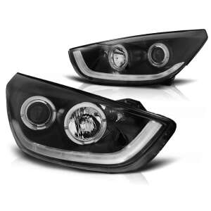 Pereche de faruri cu proiector negru cu lumini de zi cu LED și inele duble Angel Eyes pentru Hyundai Tucson Ix35 2010-2013 - Hyundai