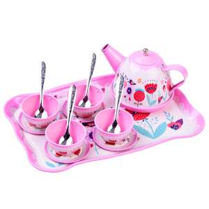 Boutique Tea Set, pink metal tea set with tray, cups, saucers, teapot and spoons - Toy kitchen tool