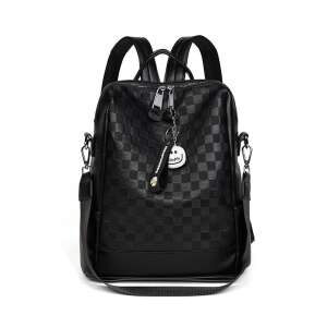 Schwarzer karierter PU-Leder Rucksack für Damen mit Smiley-Anhänger - Damen-Accessoires