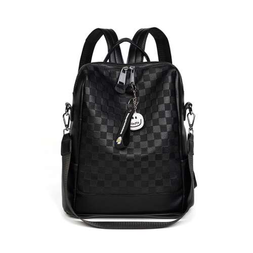 Čierny kockovaný PU kožený dámsky batoh s príveskom so smiešnou tvárou