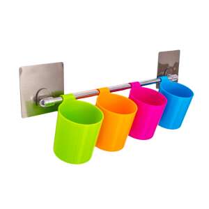 TRENDY'S 4 cup toothbrush holder, wall mounted, with adhesive, silver, green, orange, pink, blue - Other bathroom accessory