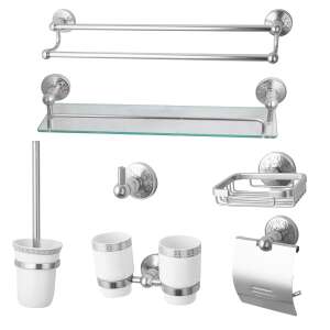 TRENDY'S 7 piece bathroom accessory set, silver, includes towel rack, shelf, toilet brush holder, tumbler holder, toilet paper holder, soap dish, and towel hook - Other bathroom accessory