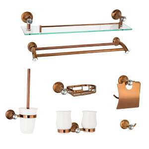 Trendy's 7-piece bathroom set in rose gold, featuring a towel rack, shelf, toilet brush holder, double tumbler holder, toilet paper holder, soap dish, and towel bar - Other bathroom accessory