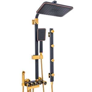 TRENDY S black and gold shower column with five functions, including a built-in bidet, shower head, handheld shower, and body jets - Shower set