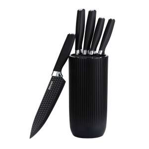 Set de 5 cuțite RAWI cu suport, negru, oțel inoxidabil, cuțite de bucătărie, cuțit de bucătar, cuțit de pâine, cuțit utilitar, cuțit de decojit, cuțit de feliat - Cuțite