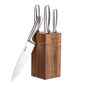 Set de 5 cuțite RAWI cu suport din lemn, lame din oțel inoxidabil, cuțite de bucătărie - Cuțite