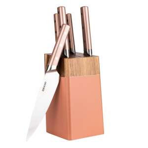 Set de 5 cuțite RAWI-608 cu suport din lemn, culoare auriu roz - Cuțite