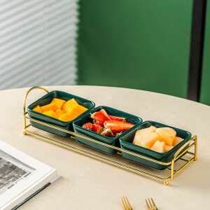 Green and gold fruit serving tray with three compartments, perfect for serving snacks, appetizers, or desserts - Food storage