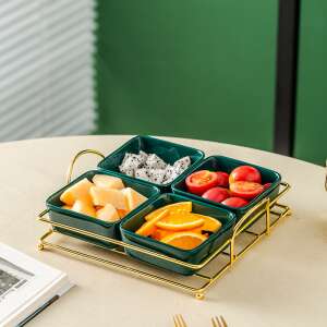 Green ceramic fruit bowl with gold metal frame, 4 compartments, perfect for serving snacks, fruit, or appetizers - Food storage
