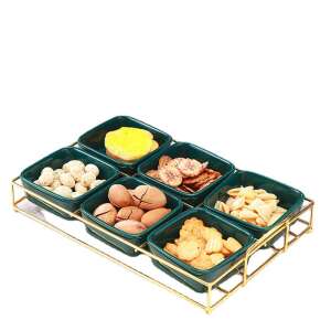 Green and gold ceramic fruit serving tray with six compartments, perfect for snacks, appetizers, or desserts - Food storage