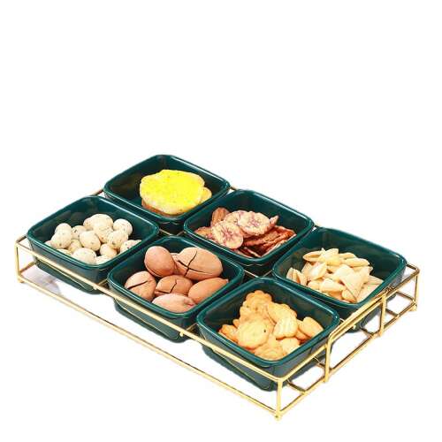 Green and gold ceramic fruit serving tray with six compartments, perfect for snacks, appetizers, or desserts