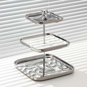 Three-tiered fruit serving tray, stainless steel stand, ceramic trays, satin finish, bear figurine, 32X25X20.5X15 CM - Food storage